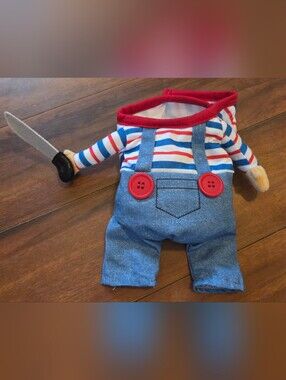 GUC Dog Deadly Doll Coatume Denim-Look Overalls with Red Trim and Buttons Knife